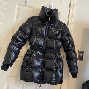 SAM. Soho belted shiny black winter coat